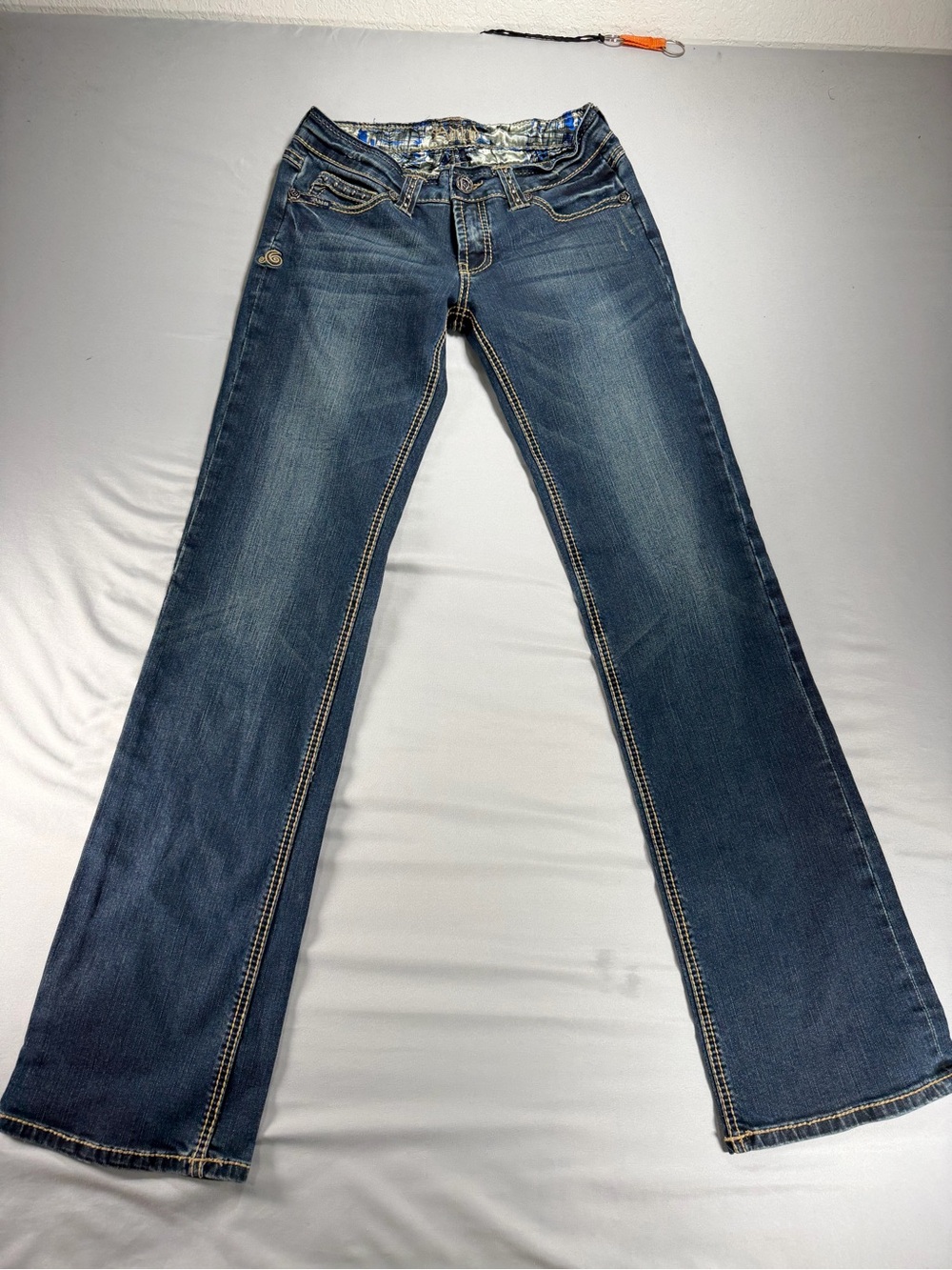 Adiktd Women's Low Rise Bootcut Jeans Size 4 W28 L35 Dark Wash Thick Stitch Y2K
